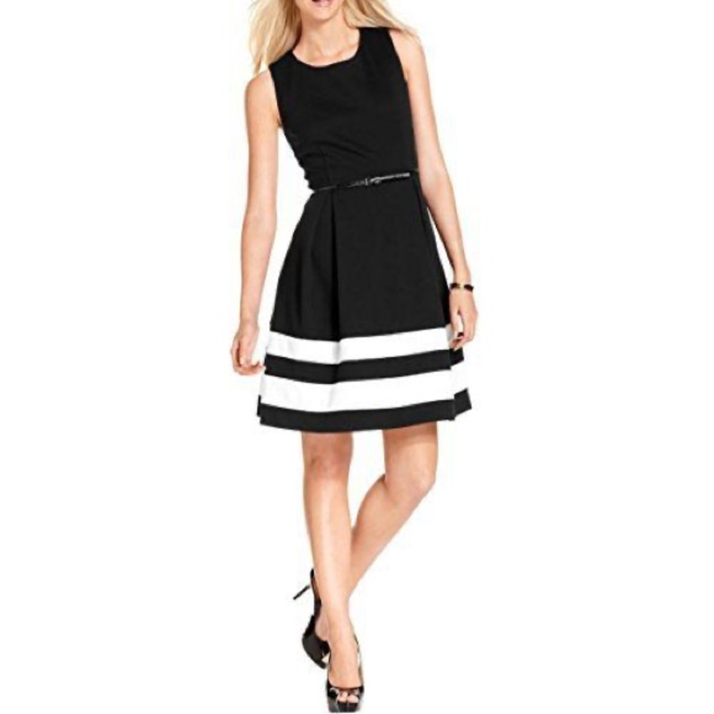 Calvin Klein Women's Petite Sleeveless Belted Fit-and-Flare Dress